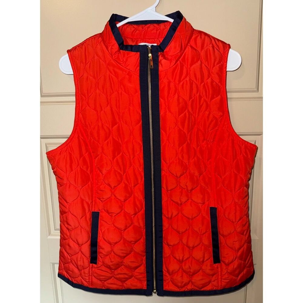 Crown & Ivy Vest Women’s Large Orange Quilt Black Trim Elephants